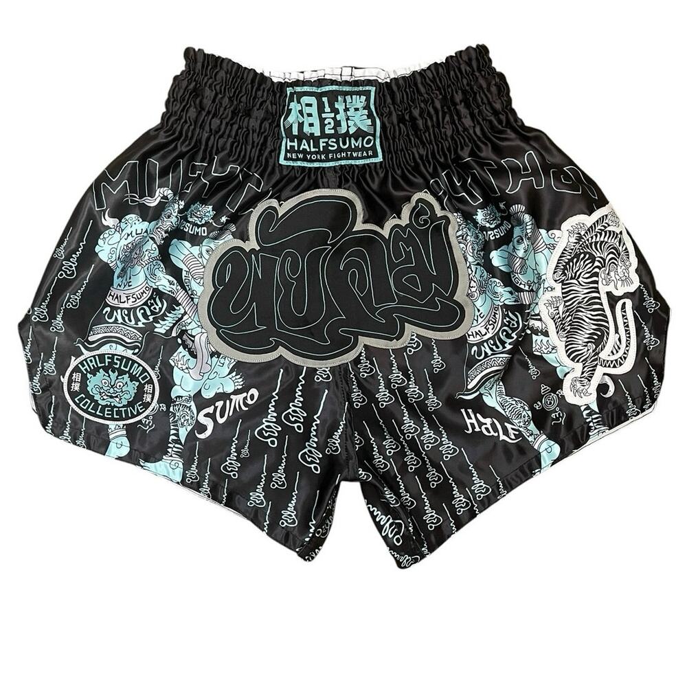 Half Sumo Muay Thai Shorts Men’s L Satin Black Teal NakSu V2 New York Fightwear